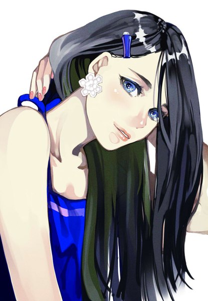 Anime picture 778x1124 with original sekkisei setsuko rokamo single long hair tall image looking at viewer blue eyes black hair simple background white background nail polish pink nail polish girl hair ornament earrings hairclip snowflake (snowflakes)