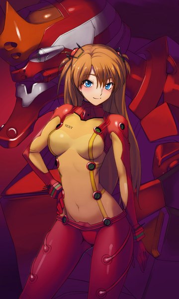 Anime picture 600x1000 with neon genesis evangelion rebuild of evangelion evangelion: 2.0 you can (not) advance gainax soryu asuka langley shikinami asuka langley yangsion long hair tall image looking at viewer blush blue eyes light erotic smile brown hair hand on hip girl bodysuit pilot suit mecha