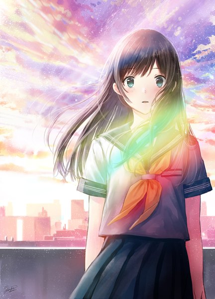 Anime picture 1080x1499 with original kazuharu kina single long hair tall image looking at viewer blush fringe black hair green eyes signed sky cloud (clouds) upper body outdoors parted lips pleated skirt wind sunlight short sleeves