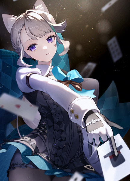 Anime picture 1155x1606 with genshin impact lynette (genshin impact) tsunakawa single tall image looking at viewer short hair purple eyes animal ears silver hair head tilt cat ears sparkle outstretched hand expressionless girl gloves card (cards) multicolored gloves