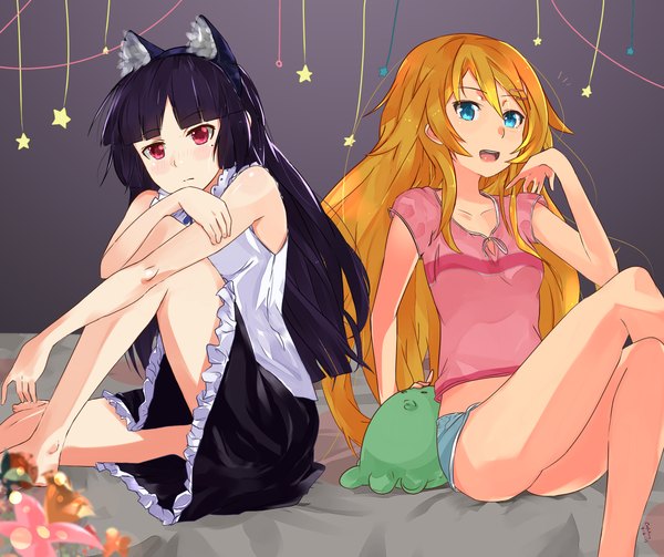 Anime picture 1550x1300 with ore no imouto ga konna ni kawaii wake ga nai gokou ruri kousaka kirino cafekun long hair blush open mouth blue eyes red eyes multiple girls animal ears purple hair cat ears orange hair girl dress 2 girls shorts