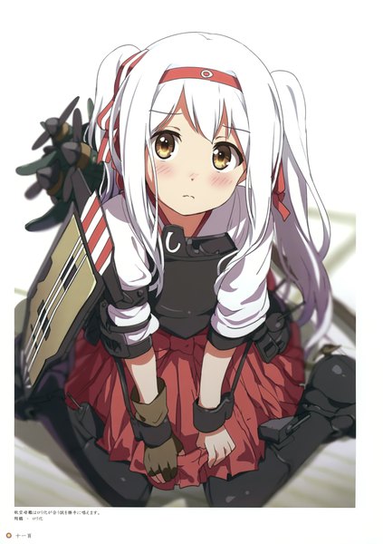Anime picture 2468x3500 with kantai collection milky been! (ogipote) - kancolle "heroine" eshuu shoukaku aircraft carrier ogipote single long hair tall image looking at viewer blush fringe highres sitting twintails brown eyes payot white hair scan depth of field border wariza