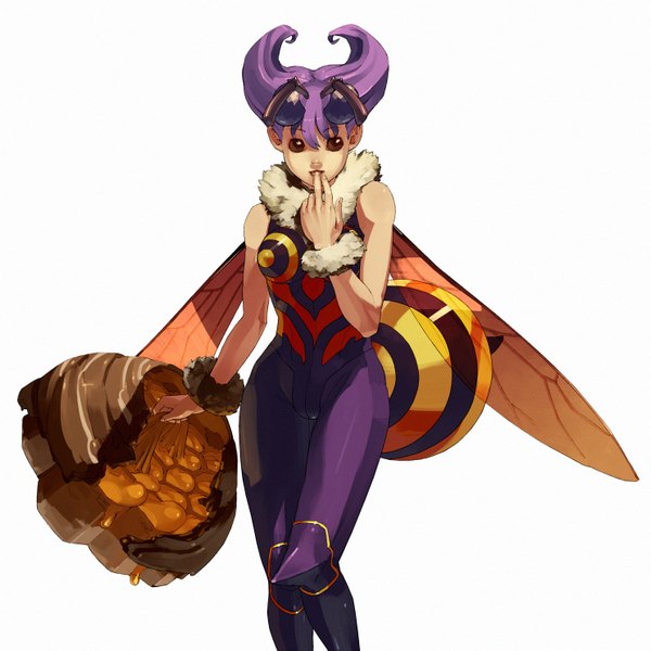 Anime picture 1485x1485 with vampire / darkstalkers (game) shihou (g-o-s) short hair white background brown eyes purple hair insect wings girl wings