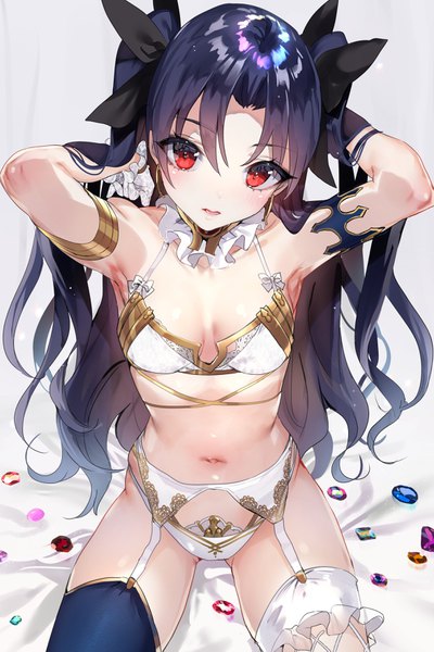 Anime picture 2351x3525 with fate (series) fate/grand order ishtar (fate) nekometaru single long hair tall image looking at viewer blush fringe highres open mouth light erotic black hair simple background hair between eyes red eyes sitting cleavage head tilt