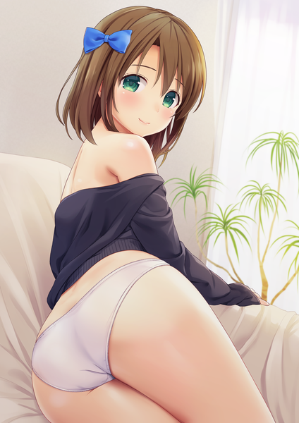 Anime picture 2894x4093 with original n.g. single tall image looking at viewer blush fringe highres short hair light erotic smile hair between eyes brown hair bare shoulders green eyes ass indoors lying long sleeves looking back