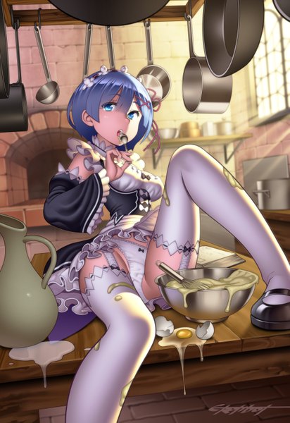 Anime picture 4052x5891 with re:zero kara hajimeru isekai seikatsu white fox rem (re:zero) erotibot single tall image looking at viewer fringe highres short hair blue eyes light erotic hair between eyes signed blue hair absurdres indoors sunlight maid pantyshot