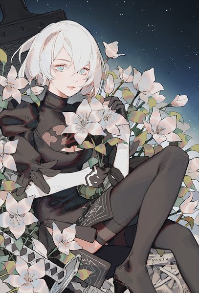 Anime picture 679x1000 with nier nier:automata yorha no. 2 type b yueko (jiayue wu) single tall image looking at viewer fringe short hair breasts blue eyes hair between eyes sitting silver hair mole mole under mouth girl thighhighs gloves flower (flowers)