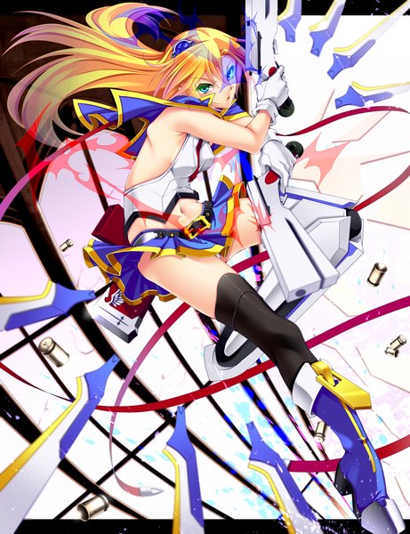 Anime picture 1000x1300 with blazblue noel vermillion sayo wini single long hair tall image open mouth light erotic blonde hair green eyes girl thighhighs skirt gloves weapon black thighhighs gun