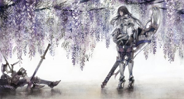 Anime picture 2283x1231 with original pixiv fantasia nishihara isao long hair highres black hair wide image standing lying high heels girl flower (flowers) weapon plant (plants) armor huge weapon wisteria