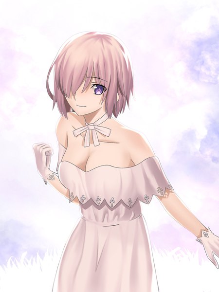 Anime picture 1668x2224 with fate (series) fate/grand order mash kyrielight mash kyrielight (formal dress) berrykanry single tall image looking at viewer blush fringe short hair breasts simple background smile large breasts standing purple eyes bare shoulders pink hair cleavage