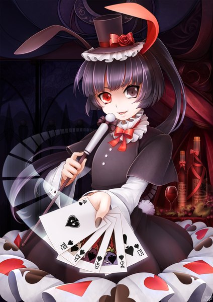 Anime picture 1412x2000 with original mtyy single long hair tall image black hair ponytail bunny ears heterochromia girl dress hat card (cards) cane