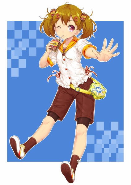 Anime picture 1060x1500 with original yukijirushi yukiko-tan komase (jkp423) single tall image blush short hair brown hair twintails looking away ahoge one eye closed pink eyes outstretched arm short twintails blue background messy hair drinking girl