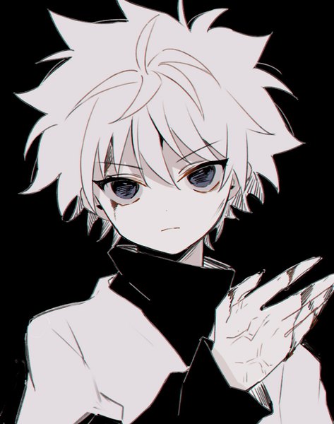 Anime picture 750x950 with hunter x hunter killua zaoldyeck heridy single tall image looking at viewer short hair simple background upper body white hair grey eyes black background expressionless boy