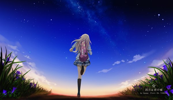 Anime picture 1200x695 with shigatsu wa kimi no uso a-1 pictures miyazono kaori sanaa single long hair blonde hair wide image signed cloud (clouds) pleated skirt from behind night night sky evening plaid skirt sunset running milky way girl