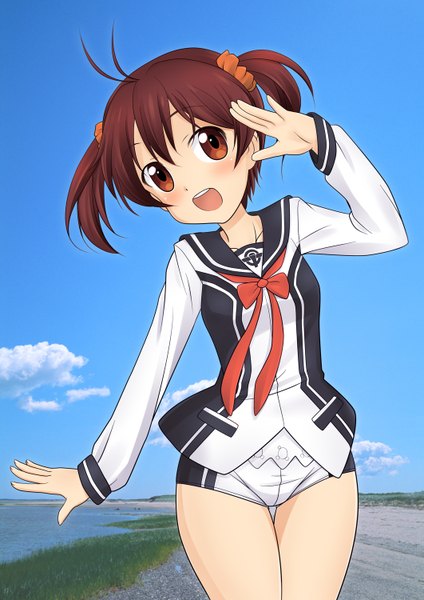 Anime picture 1061x1500 with vividred operation isshiki akane koyomisa (artist) single tall image short hair open mouth red eyes brown hair twintails cloud (clouds) short twintails girl uniform
