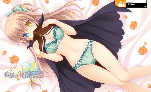 Anime picture 3268x2000 with sora tobu hitsuji to manatsu no hana dengeki hime kokuyou ran takano yuki (allegro mistic) long hair highres light erotic blonde hair wide image official art underwear only heterochromia girl navel underwear panties flower (flowers) bow hair bow petals