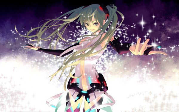 Anime picture 1920x1200 with vocaloid vocaloid append hatsune miku hatsune miku (append) rozer single long hair highres wide image twintails green hair magic spread arms girl gloves navel detached sleeves elbow gloves