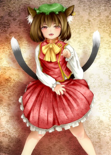 Anime picture 1000x1400 with touhou chen furim single tall image blush short hair open mouth red eyes brown hair animal ears cat ears cat girl cat tail girl dress skirt bonnet skirt set
