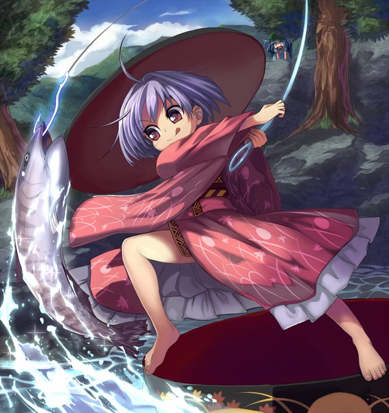 Anime picture 1131x1200 with touhou kawashiro nitori sukuna shinmyoumaru shope tall image fringe short hair smile standing multiple girls holding brown eyes looking away sky purple hair cloud (clouds) full body ahoge outdoors traditional clothes