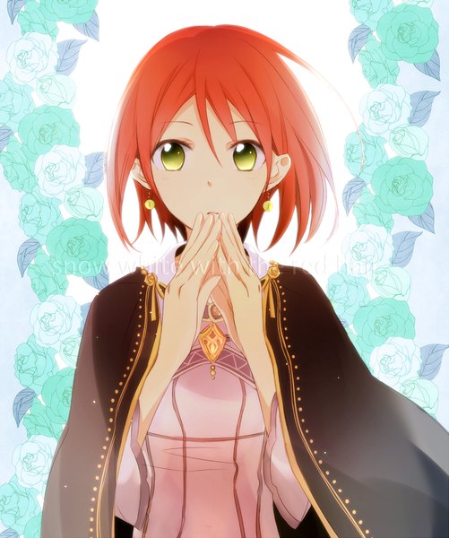 Anime picture 800x958 with akagami no shirayukihime studio bones shirayuki (akagami no shirayukihime) tsukimori usako single tall image looking at viewer short hair yellow eyes red hair inscription copyright name floral background girl flower (flowers) earrings cape