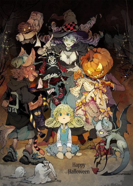 Anime-Bild 850x1187 mit original demizu posuka long hair tall image breasts open mouth blue eyes blonde hair sitting multiple girls yellow eyes cleavage purple hair drill hair wariza halloween ghost witch demon girl