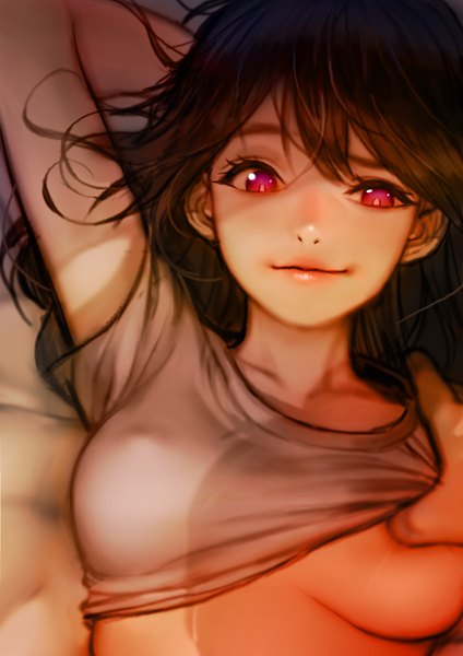 Anime picture 2480x3508 with original reccu single long hair tall image looking at viewer fringe highres breasts light erotic smile brown hair lying pink eyes lips shadow arm behind head pov girl t-shirt