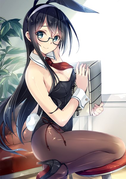 Anime picture 1240x1754 with kantai collection ooyodo light cruiser kobayashi chisato single long hair tall image looking at viewer blush fringe breasts light erotic black hair hair between eyes bare shoulders holding green eyes animal ears cleavage indoors tail