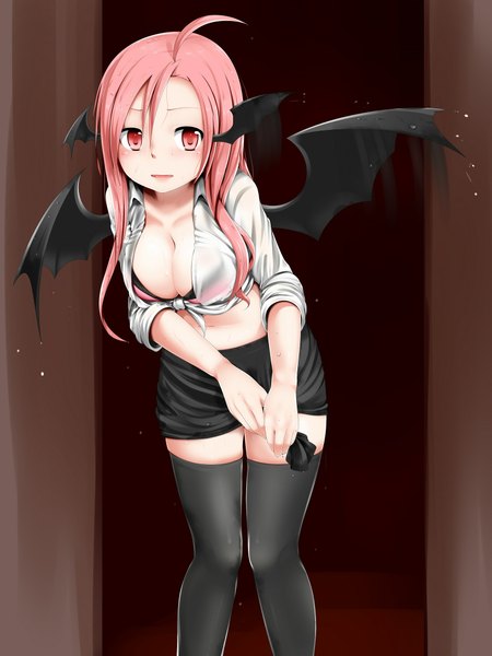 Anime picture 1650x2200 with touhou koakuma miki plus single long hair tall image breasts light erotic large breasts pink hair cleavage ahoge pink eyes head wings girl thighhighs skirt black thighhighs miniskirt wings
