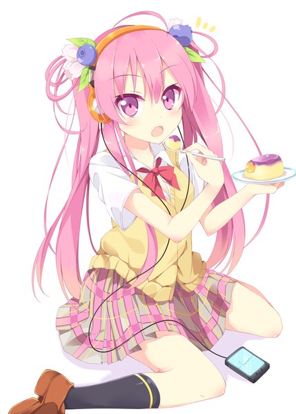 Anime picture 1000x1397 with original nibiiro shizuka single long hair tall image looking at viewer open mouth simple background white background twintails pink hair pink eyes hair flower girl skirt hair ornament miniskirt socks headphones black socks