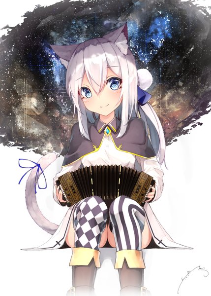 Anime picture 2220x3106 with original mayogii single long hair tall image looking at viewer blush fringe highres blue eyes light erotic smile hair between eyes sitting signed animal ears payot silver hair tail head tilt