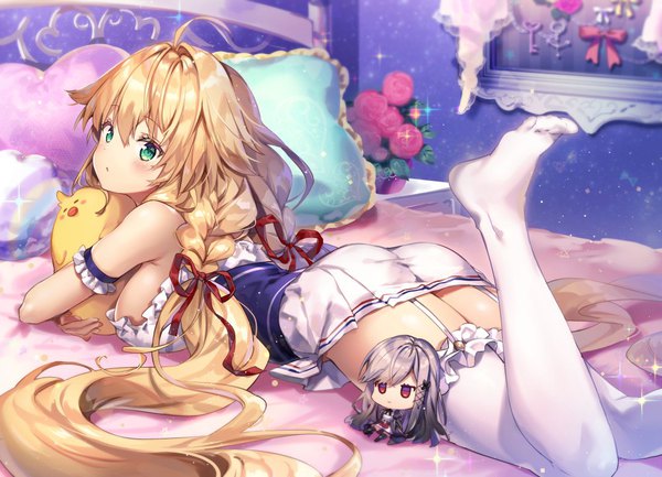 Anime picture 1075x776 with azur lane manjuu (azur lane) dunkerque (azur lane) le temeraire (azur lane) riichu single long hair looking at viewer blush fringe breasts light erotic blonde hair hair between eyes large breasts bare shoulders green eyes ahoge indoors lying