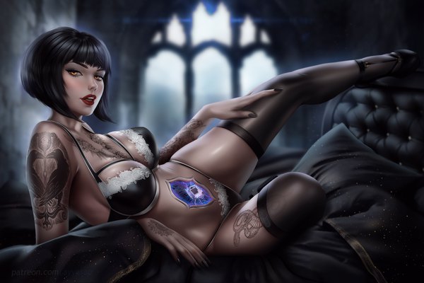 Anime picture 5000x3333 with original ayyasap single looking at viewer blush fringe highres short hair breasts open mouth light erotic black hair large breasts signed yellow eyes absurdres full body bent knee (knees) indoors blunt bangs