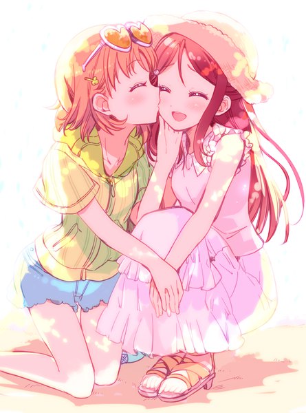 Anime picture 889x1198 with love live! sunshine!! sunrise (studio) love live! sakurauchi riko takami chika yamada ako long hair tall image blush short hair open mouth white background multiple girls red hair eyes closed orange hair kneeling holding hands shoujo ai squat