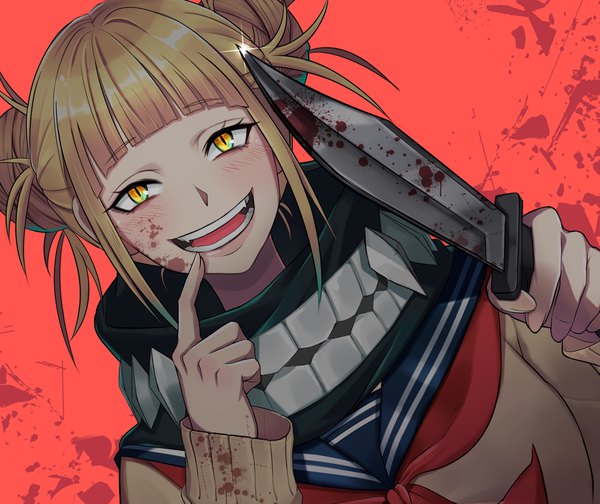 Anime picture 4669x3926 with boku no hero academia studio bones toga himiko chuli 00 single looking at viewer blush fringe highres short hair open mouth blonde hair smile holding yellow eyes payot absurdres upper body blunt bangs :d