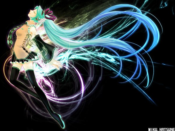 Anime picture 1024x768 with vocaloid hatsune miku long hair twintails eyes closed very long hair black background girl thighhighs skirt ribbon (ribbons) detached sleeves necktie headphones