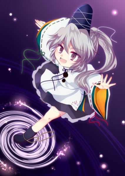 Anime picture 1200x1693 with touhou mononobe no futo uranaishi (miraura) single long hair tall image open mouth smile ponytail from above grey hair grey eyes looking up girl
