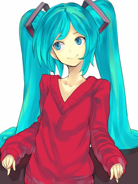 Anime picture 750x1000 with vocaloid hatsune miku hama2224 single long hair tall image simple background smile standing white background twintails looking away aqua eyes aqua hair girl sweater