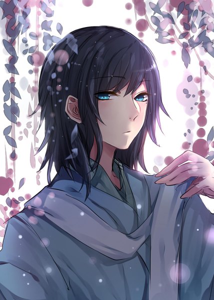 Anime picture 800x1120 with touken ranbu nitroplus yamato no kami yasusada na yeon single tall image looking at viewer fringe short hair blue eyes black hair hair between eyes white background upper body traditional clothes japanese clothes mole mole under eye lens flare alternate hairstyle