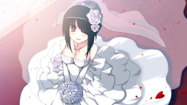 Anime picture 1920x1080 with date a live tokisaki kurumi uiu single looking at viewer fringe highres short hair breasts open mouth light erotic black hair red eyes wide image cleavage hair flower from above hair over one eye girl dress