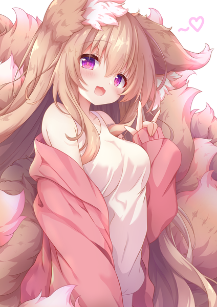 Anime picture 2894x4093 with original komuginyan single long hair tall image looking at viewer blush fringe highres breasts open mouth simple background blonde hair smile hair between eyes large breasts white background purple eyes bare shoulders animal ears