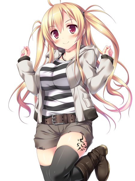 Anime picture 768x1024 with original hatsu single long hair tall image looking at viewer blush fringe breasts simple background blonde hair smile hair between eyes large breasts standing white background twintails ahoge nail polish head tilt