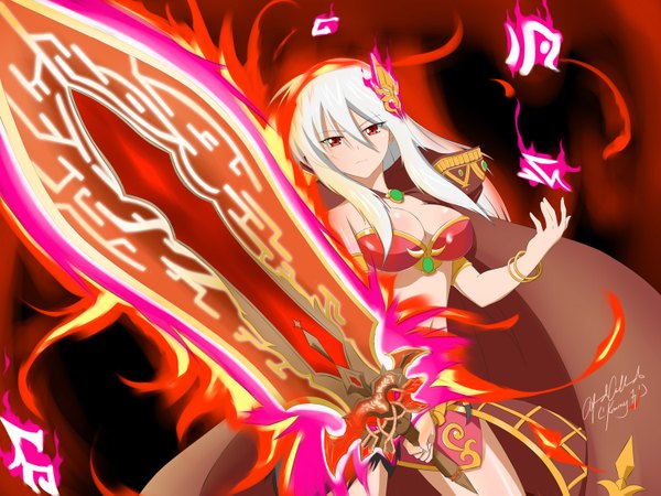 Anime-Bild 1500x1125 mit brave frontier (game) fiora swimwear kimmy77 single long hair breasts light erotic red eyes white hair magic girl hair ornament weapon cloak fire huge weapon brooch huge sword