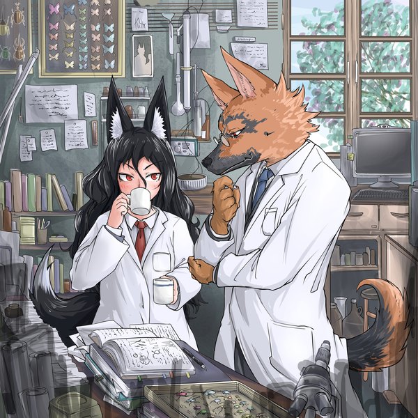Anime picture 3445x3445 with original doitsuken long hair highres black hair red eyes animal ears absurdres tail animal tail dog ears drinking dog tail reading dog girl laboratory girl boy glasses necktie