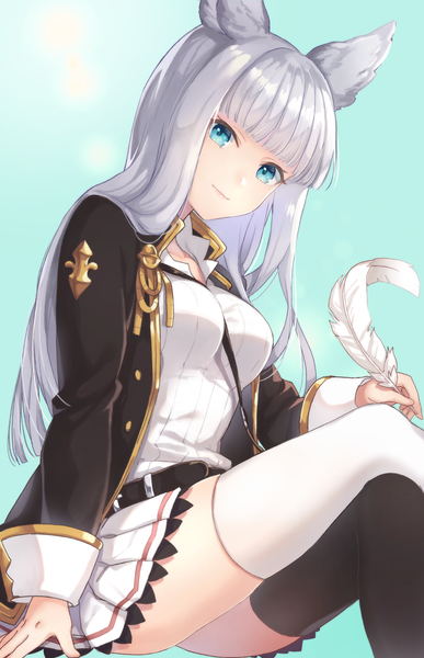 Anime picture 1054x1635 with granblue fantasy korwa (granblue fantasy) kon (k0n16) single long hair tall image looking at viewer blush fringe breasts blue eyes light erotic simple background smile sitting holding animal ears silver hair blunt bangs long sleeves