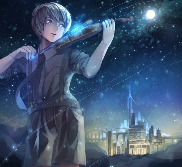 Anime picture 1230x1131 with original ryota (ry o ta) single short hair open mouth blue eyes brown hair looking away night city lights boy shirt necktie shorts moon musical instrument suspenders violin black shirt bow (instrument)