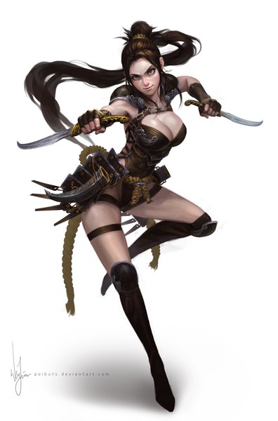 Anime picture 660x1000 with poibuts single tall image breasts light erotic simple background brown hair large breasts white background ponytail very long hair lips orange eyes fighting stance assassin girl weapon dagger