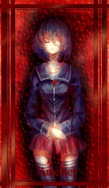 Anime picture 1966x3378 with another p.a. works misaki mei single tall image highres short hair black hair eyes closed inscription girl eyepatch