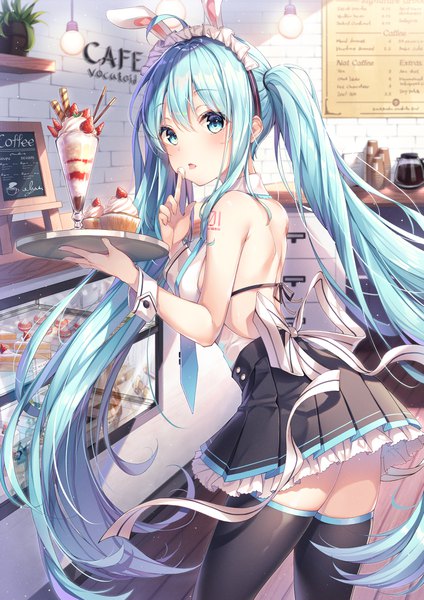 Anime picture 1595x2255 with vocaloid hatsune miku dangmyo single tall image looking at viewer blush fringe open mouth hair between eyes twintails bare shoulders holding animal ears indoors very long hair aqua eyes aqua hair tattoo bunny ears