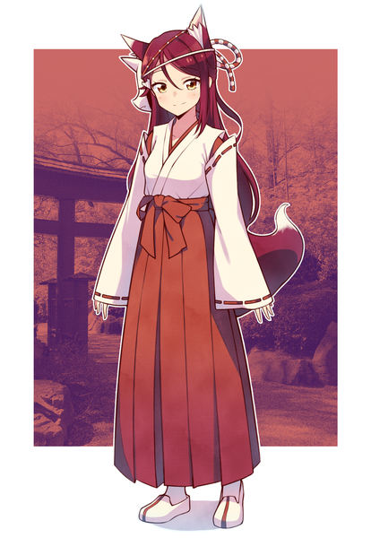 Anime picture 1453x2103 with love live! sunshine!! sunrise (studio) love live! sakurauchi riko ceph (greatyazawa1819) single long hair tall image looking at viewer blush fringe hair between eyes standing animal ears payot full body red hair tail traditional clothes japanese clothes