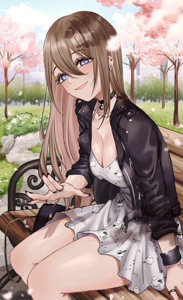 Anime picture 2501x4093 with original nana (kurisustinah) expulse single long hair tall image looking at viewer blush fringe highres breasts blue eyes light erotic smile hair between eyes brown hair large breasts sitting payot cleavage